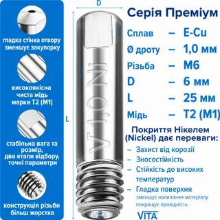 Наконечник зварювальний 1,0 мм E-Cu-Nickel М6 D6мм/L25мм мідь Т2 (М1) для пальника MIG/MAG зварювального напівавтомата VITA