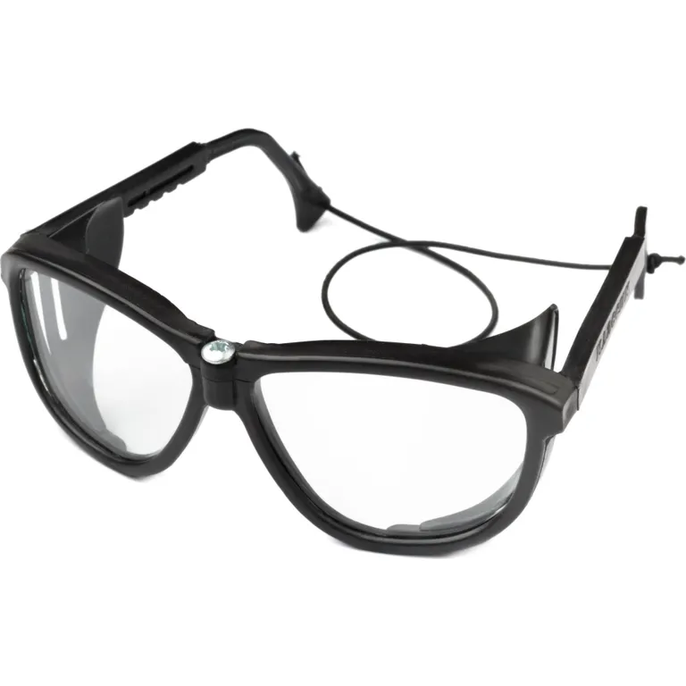 Окуляри захисні 0276-у прозорі з висувними дужками (Класік) з боковим захистом і резинкою на дужках (лінза: мінеральне загартоване скло, оправа: ПП чорний)