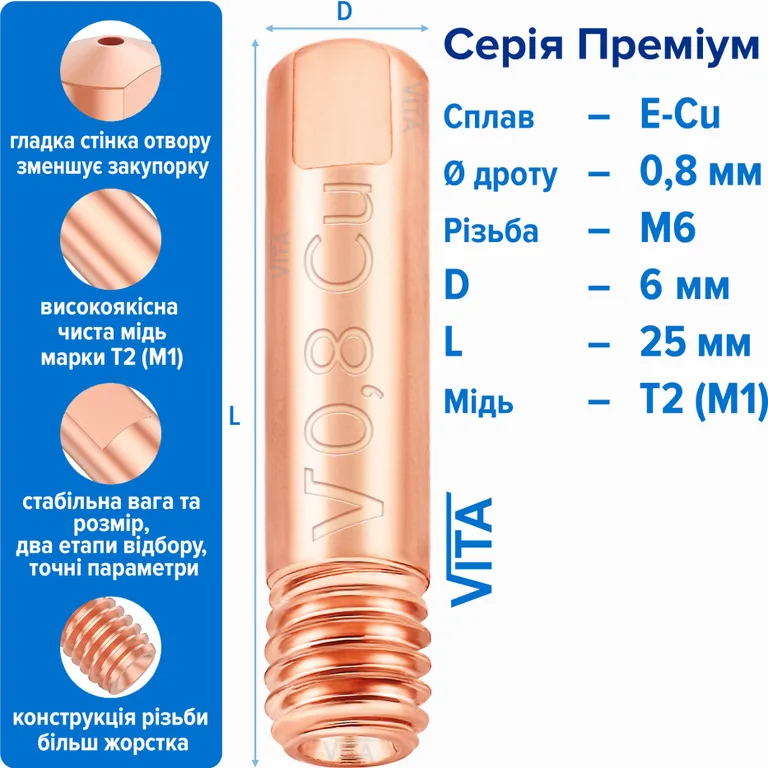 Наконечник зварювальний 0,8 мм E-Cu М6 D6мм/L25мм мідь Т2 (М1) для пальника MIG/MAG зварювального напівавтомата VITA