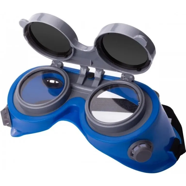 Окуляри зварювальні, лінзи відкидні круглі Г-2 (6 DIN) діам. 50 мм з непрямою вентиляцією 4 клапани (4 лінзи: мінеральне загартоване скло, оправа: АБС + ПВХ м'яка еластична, не замерзає на морозі синя) Антоніо Маск SL-1010