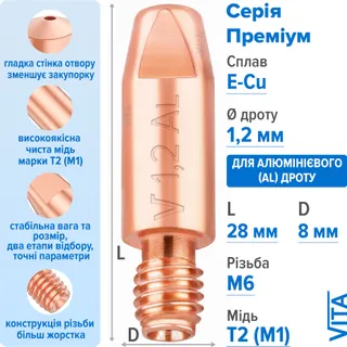 Посилений наконечник зварювальний 1,2 мм E-Cu-Aluminium M6 D8мм/L28мм мідь Т2 (М1) для пальника MIG/MAG зварювального напівавтомата