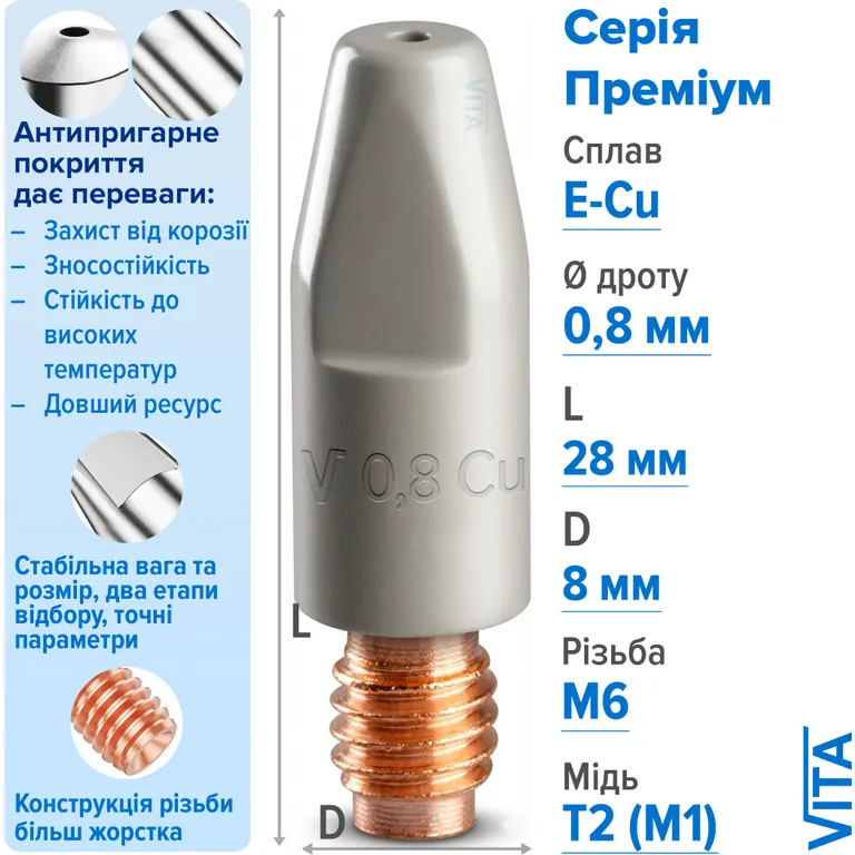 Наконечник струмознімальний VITA з антипригарним покриттям 0,8 мм E-Cu різьба M6 D 8 мм L 28 мм