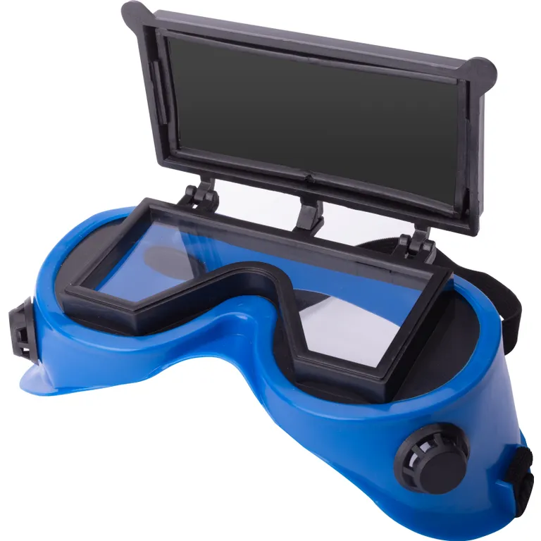 Окуляри зварювальні, лінза відкидна прямокутна Г-2 (6 DIN) з непрямою вентиляцією 4 клапани (2 лінзи: мінеральне загартоване скло 108х50 мм, оправа: АБС + ПВХ м'яка еластична, не замерзає на морозі синя) VITA