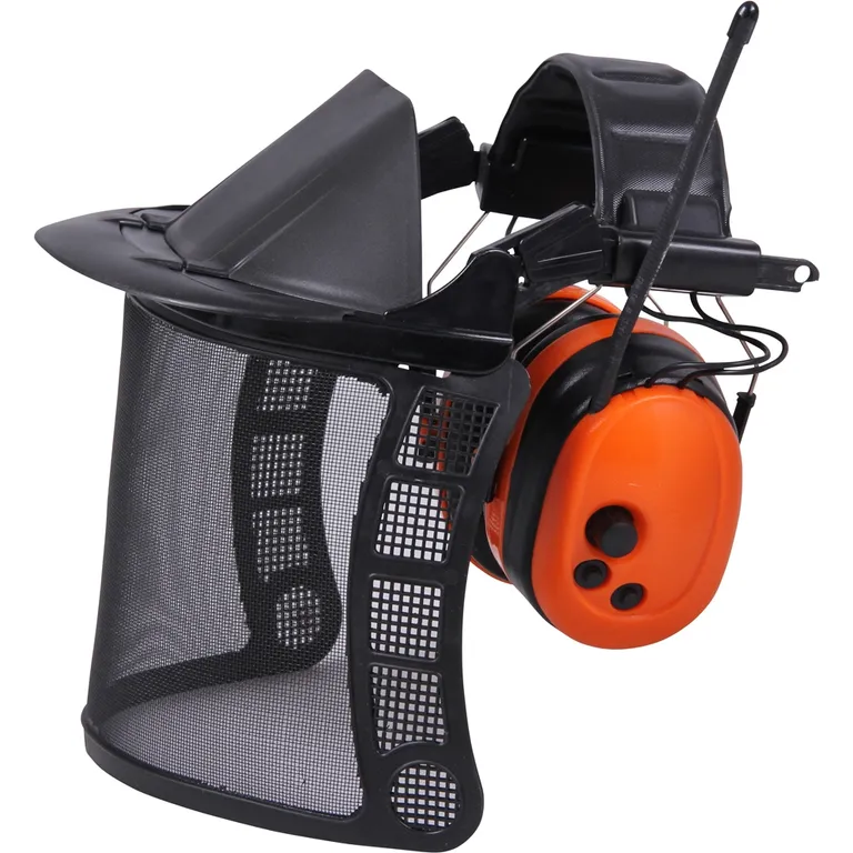 Щиток захисний СІТКА з FM радіонавушниками 28 dB для мотокоси/тримера/газонокосарки/лісорубства, наголовник з рейковий механізмом (матеріал сітки: нержавійка)