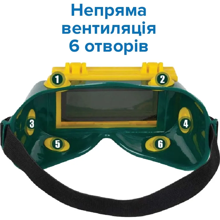 Окуляри зварювальні з автозатемненням (оправа: зелена гума, відкидна лінза, з непрямою вентиляцією 6 клапанів) VITA