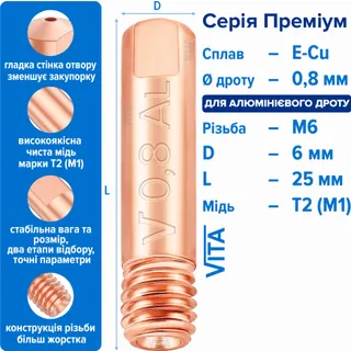 Наконечник зварювальний 0,8 мм E-Cu-Aluminium М6 D6мм/L25мм мідь Т2 (М1) для пальника MIG/MAG зварювального напівавтомата VITA