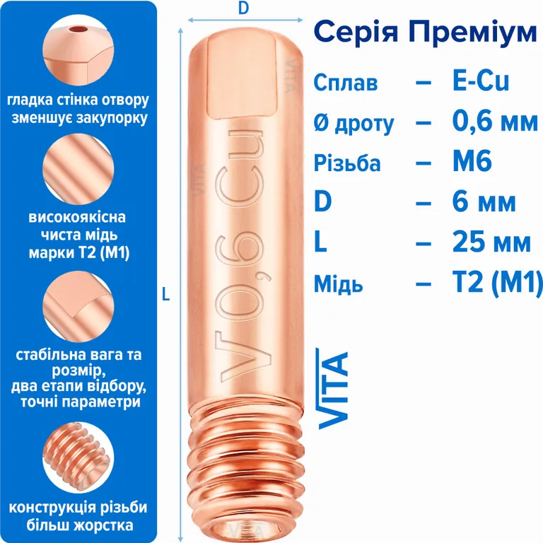 Наконечник зварювальний 0,6 мм E-Cu М6 D6мм/L25мм мідь Т2 (М1) для пальника MIG/MAG зварювального напівавтомата VITA