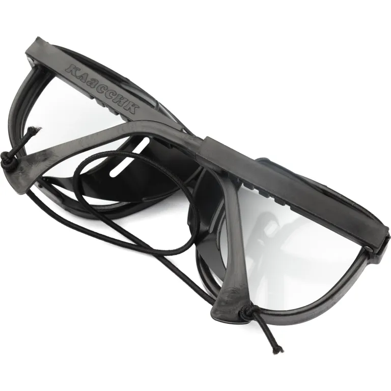 Окуляри захисні 0276-у прозорі з висувними дужками (Класік) з боковим захистом і резинкою на дужках (лінза: мінеральне загартоване скло, оправа: ПП чорний)