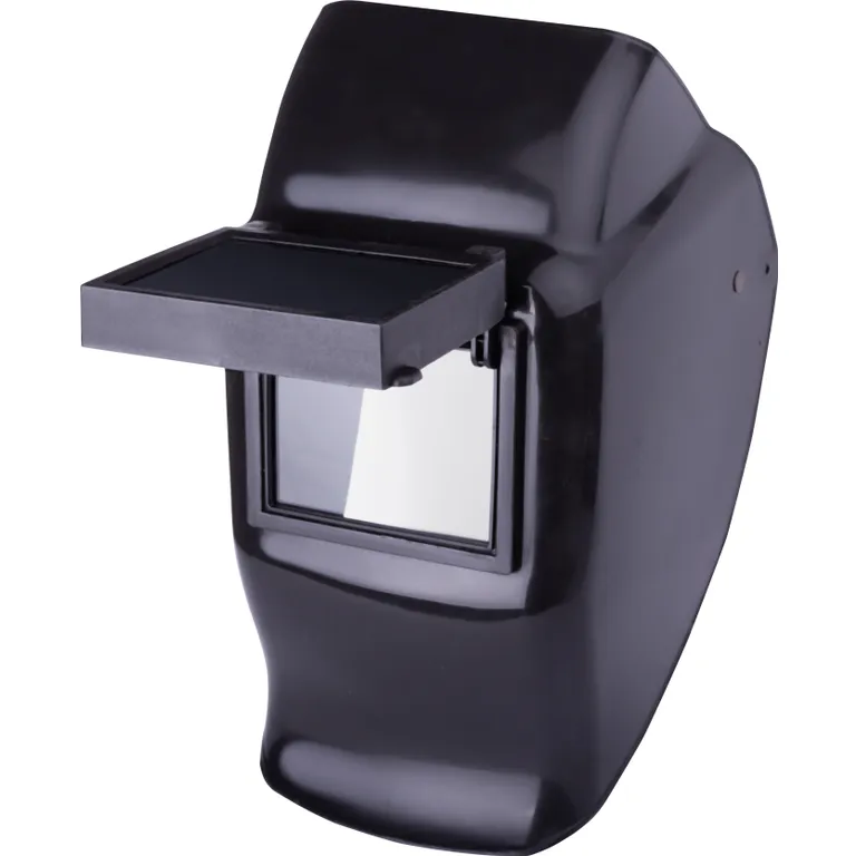 Маска зварювальника ВІДКИДНА ЄВРО-скло з відкидним світлофільтром (2 скла затемнене (С-3,4,5,6) та прозоре: матеріал мінеральне загартоване скло, розмір 90х110х2,8 мм, маска: ПП, наголовник: ПЕ) VITA