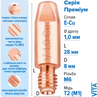 Посилений наконечник зварювальний 1,0 мм E-Cu М6 D8мм/L28мм мідь Т2 (М1) для пальника MIG/MAG зварювального напівавтомата VITA