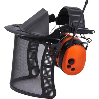 Щиток защитный СЕТКА с FM радио-наушниками 28 dB для мотокосы/триммера/газонокосилки/лесозаготовок, наголовник с реечным механизмом (материал сетки: нержавейка)