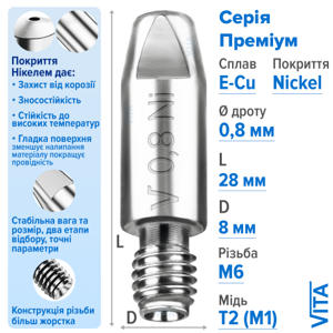 Посилений наконечник зварювальний 0,8 мм E-Cu-Nickel М6 D8мм/L28мм мідь Т2 (М1) для пальника MIG/MAG зварювального напівавтомата VITA, фото 1, цена