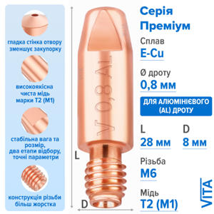 Посилений наконечник зварювальний 0,8 мм E-Cu-Aluminium M6 D8мм/L28мм мідь Т2 (М1) для пальника MIG/MAG зварювального напівавтомата, фото 1, цена