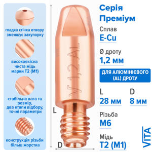 Посилений наконечник зварювальний 1,2 мм E-Cu-Aluminium M6 D8мм/L28мм мідь Т2 (М1) для пальника MIG/MAG зварювального напівавтомата, фото 1, цена