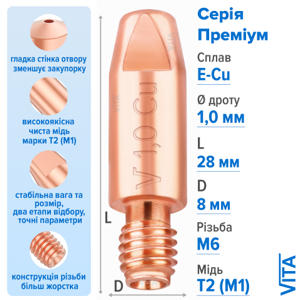Посилений наконечник зварювальний 1,0 мм E-Cu М6 D8мм/L28мм мідь Т2 (М1) для пальника MIG/MAG зварювального напівавтомата VITA, фото 1, цена