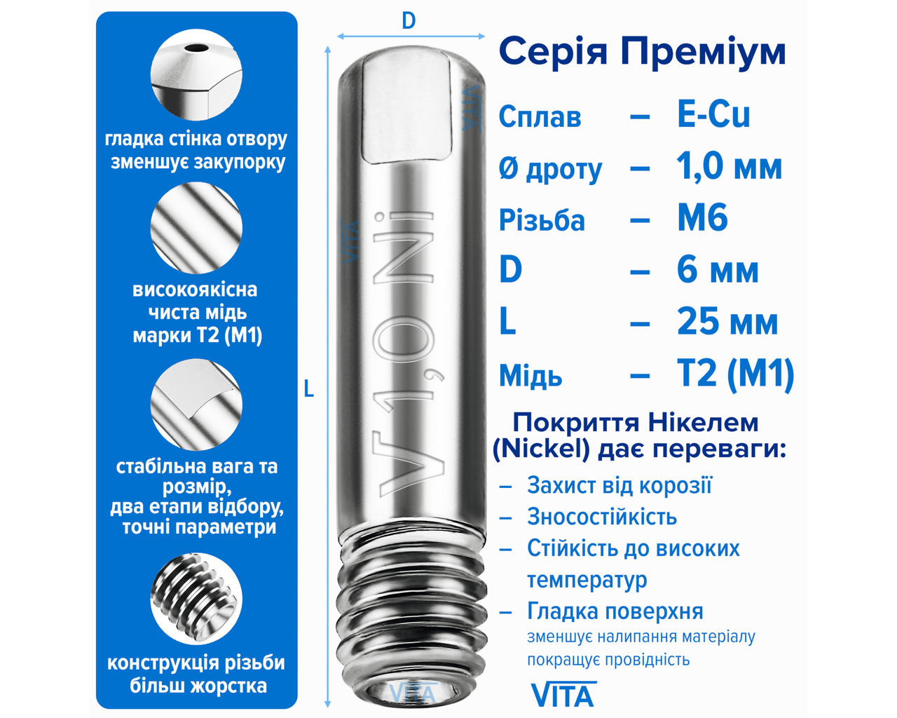 Наконечник зварювальний 1,0 мм E-Cu-Nickel М6 D6мм/L25мм мідь Т2 (М1) для пальника MIG/MAG зварювального напівавтомата VITA